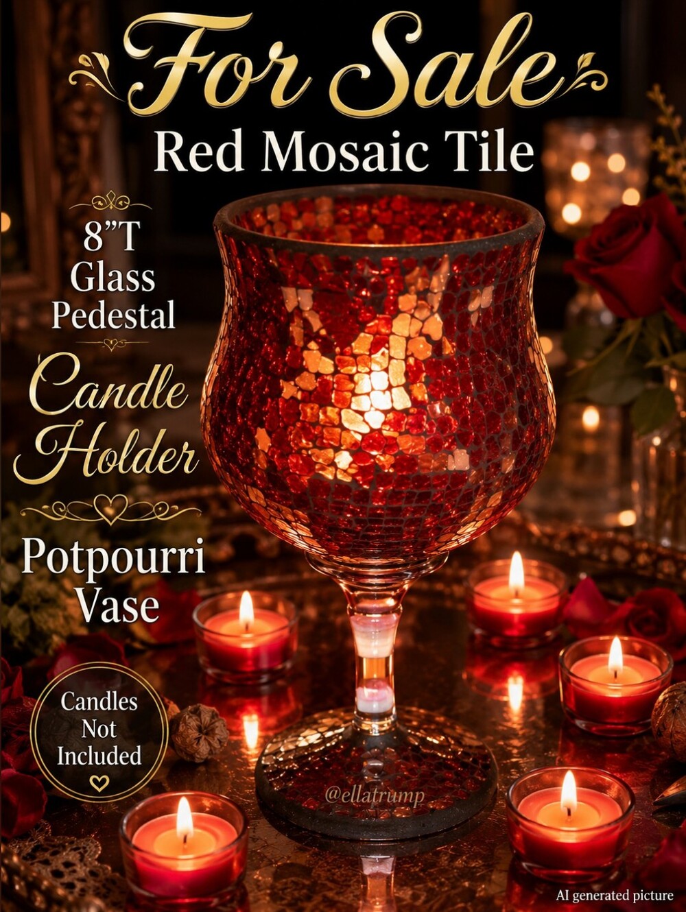 Red Mosaic Tile 8"T Glass Pedestal Candle Holder Vase